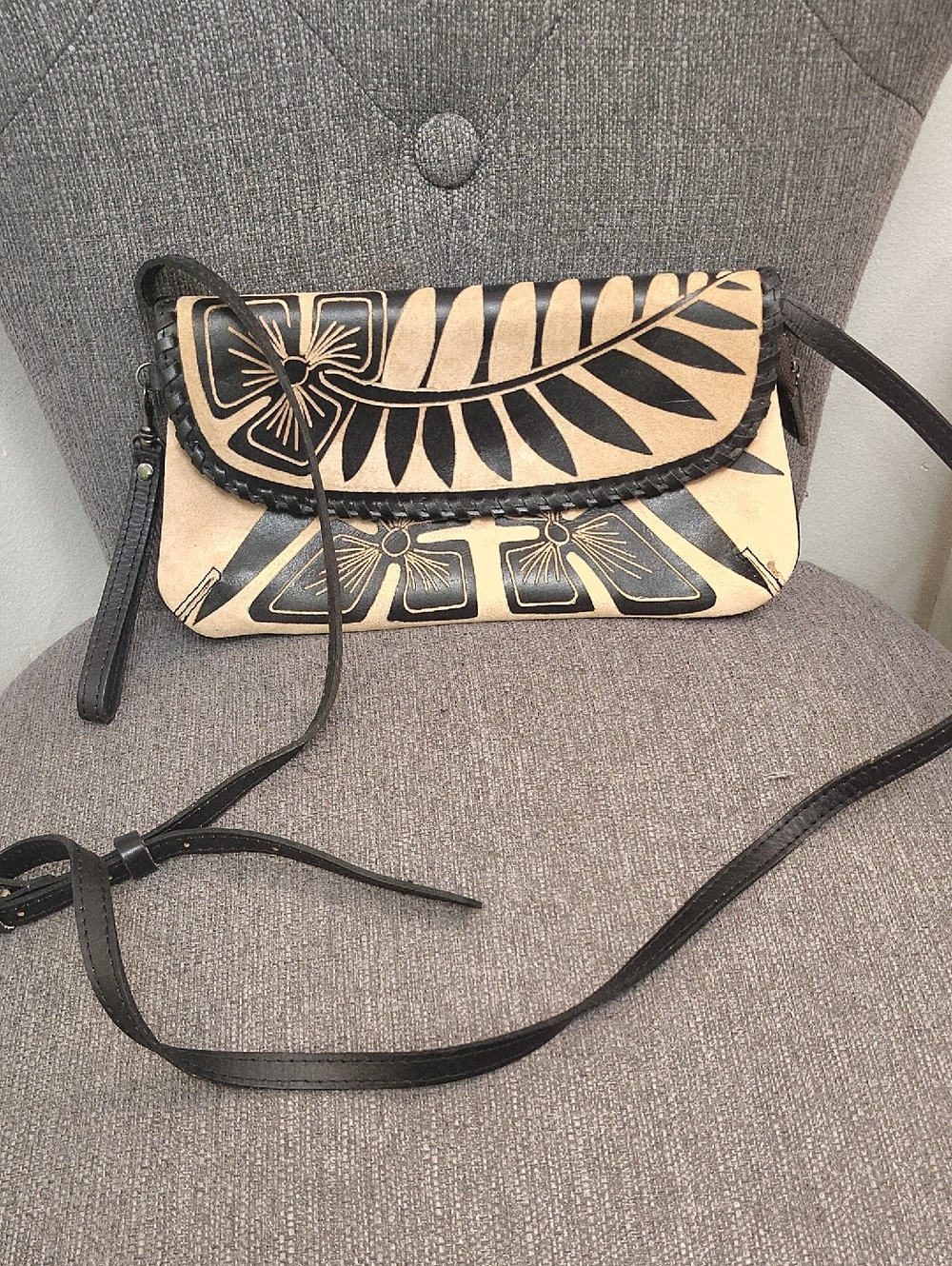 Patricia Nash Tan and Black Floral Leather Crossbody